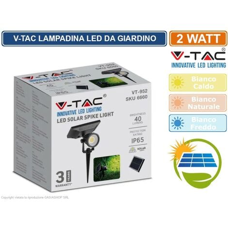 V-TAC VT-952 LAMPADA LED DA GIARDINO 2W COB IP65 CON PANNELLO SOLARE E SENSORE CREPUSCOLARE - SKU 6660 / 6661 / 6662 - Colore Luce: Bianco Naturale