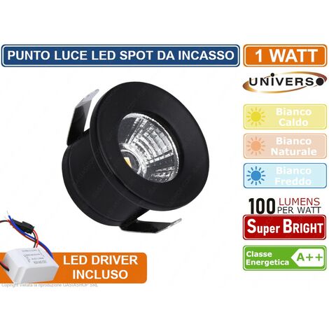FARO FARETTO LED PUNTO LUCE ROTONDO COLORE NERO DA INCASSO 1W 3000K 4000K 6500K IP20 - Colore Luce: Bianco Freddo