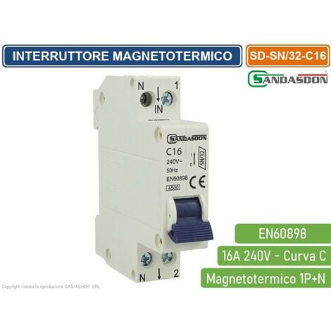 INTERRUTTORE MAGNETOTERMICO 16A 1P CURVA C 220V 1 Modulo Guida Din