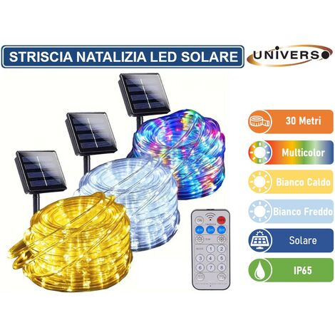 STRISCIA NATALIZIA LED DA ESTERNO CON PANNELLO SOLARE E TELECOMANDO - BOBINA DA 30 METRI CON COLORE LUCE 3000K 6500K RGB IP65 (1/5)