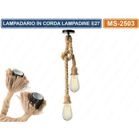 Lampadario a sospesione portalampada attacco E27 con corda di canapa design country rustico
