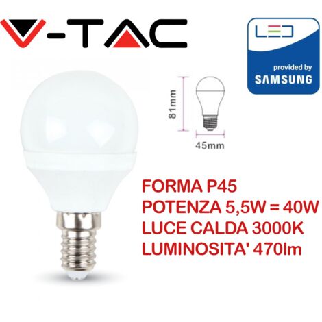 V-TAC PRO VT-236 LAMPADINA LED E14 5,5W MINIGLOBO P45 CHIP SAMSUNG - SKU 168 / 169 / 170 - Colore Luce: Bianco Caldo