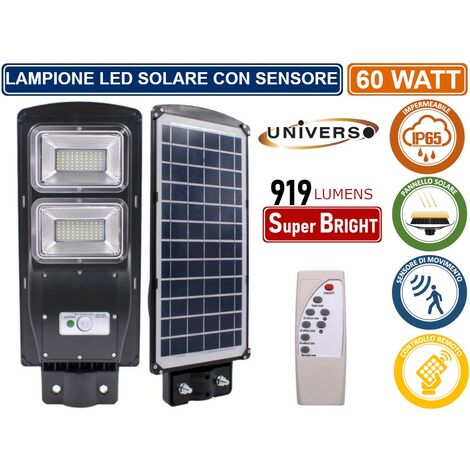 LAMPIONE STRADALE LED 60W CON PANNELLO SOLARE FOTOVOLTAICO E SENSORE DI MOVIMENTO IP65 919 LUMEN