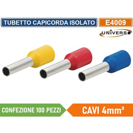 CONFEZIONE 100 PEZZI TUBETTO TERMINALE CAPICORDA ISOLATO PER CAVI DA 4mm² TERMINALE DA 9mm - GIALLO ROSSO BLU - Colore: Giallo