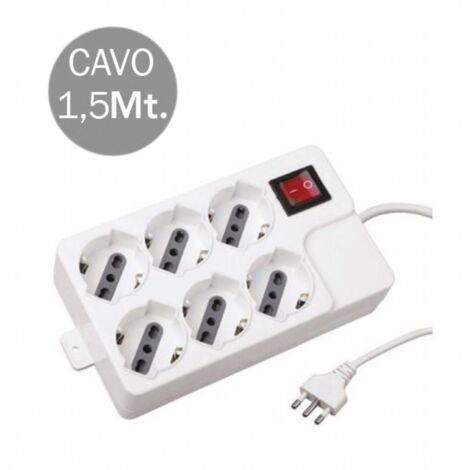 V-TAC MULTIPRESA 6 POSTI COLORE BIANCO CON INTERRUTTORE LUMINOSO E PROTEZIONE RIPRISTINABILE - SKU 8749