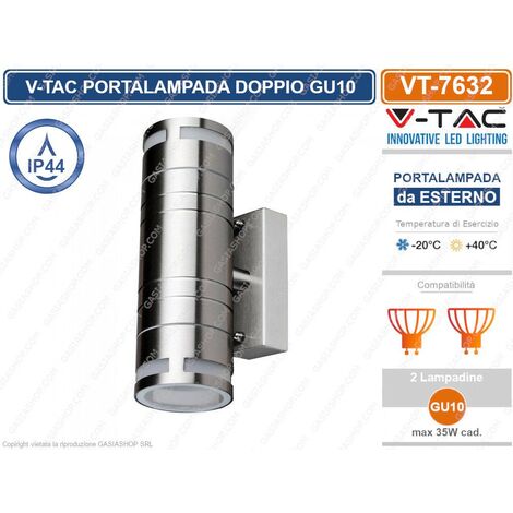 V-TAC VT-7632 PORTALAMPADA DOPPIO DA MURO LED GU10 ACCIAIO INOX DA ESTERNO IP44 - SKU 7504