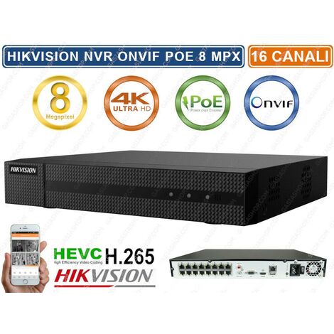 HIKVISION HWN-4216MH-16P NVR 4K ULTRA HD 8 MP 16 CH CANALI ONVIF POE H265+ P2P - Capacità Hard Disk: 1TB (1/2)