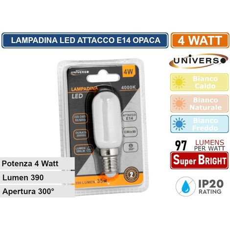 UNIVERSO LAMPADINA LED E14 4W TUBOLARE T25 390 LUMEN APERTURA 300° LUCE CALDA NATURALE FREDDA - Colore Luce: Bianco Naturale