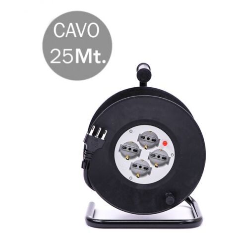 V-TAC PROLUNGA AVVOLGICAVO SPINA 16A E 4 PRESE 10/16A BIPASSO/SCHUKO COLORE NERO 25 METRI - SKU 8703