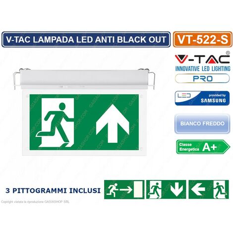 V-TAC Lampada LED Emergenza 4 In 1 Soffitto/Parete: Visibile Da 30m, Autotest E 4 Pittogrammi Inclusi. Luce Fredda 6000K Per Uscite Di Sicurezza.