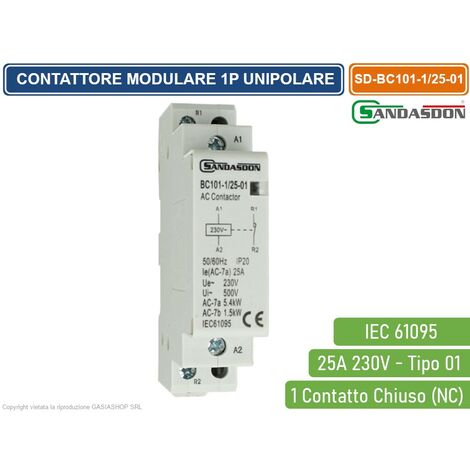 SANDASDON CONTATTORE MODULARE SU BARRA DIN 1P UNIPOLARE 25A 230V 1 CONTATTO CHIUSO NC TIPO 01