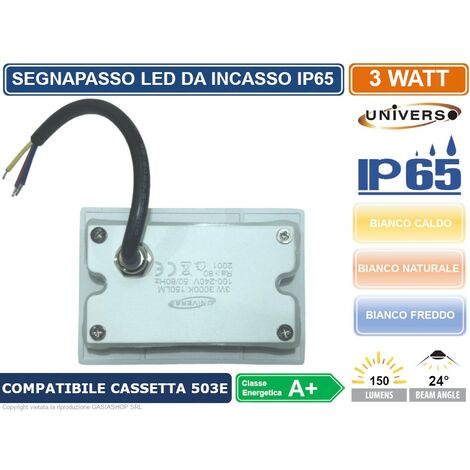 PUNTO LUCE SEGNAPASSO LED RETTANGOLARE COLORE BIANCO MONTAGGIO A INCASSO 503E 3W 24° DA ESTERNO IP65 - Colore Luce: Bianco Naturale