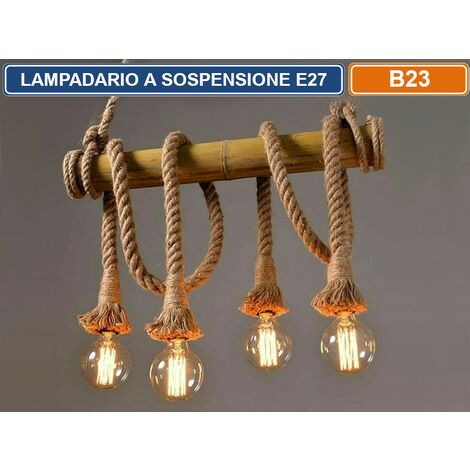 LAMPADARIO A SOSPENSIONE COUNTRY IN CORDA CANAPA BAMBU 4 ATTACCHI E27 160W