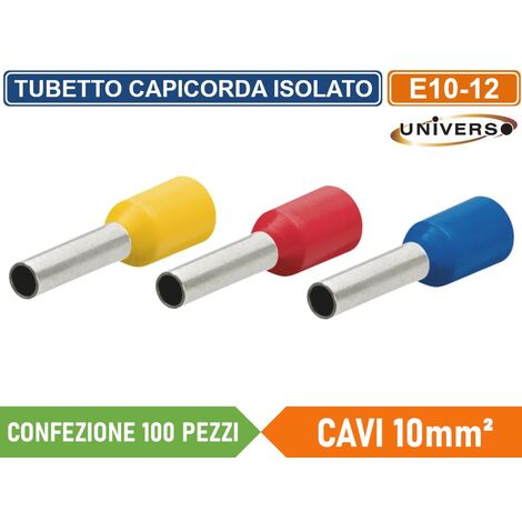 CONFEZIONE 100 PEZZI TUBETTO TERMINALE CAPICORDA ISOLATO PER CAVI DA 10mm² TERMINALE DA 12mm - GIALLO ROSSO BLU - Colore: Giallo