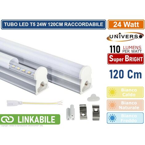 TUBO NEON LED SMD T5 PLAFONIERA RACCORDABILE DA 120CM 24 WATT 2640 LUMEN - Colore Luce: Bianco Freddo
