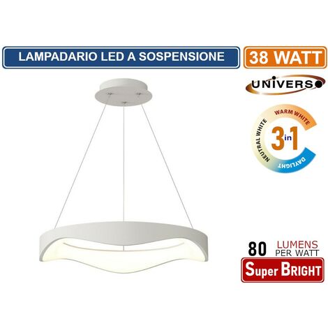 LAMPADARIO LED A ONDA BIANCO MOTAGGIO A SOSPENSIONE 38W COLORAZIONE LUCE 3IN1 CCT 3000K - 4000K - 6500K