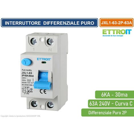 ETTROIT INTERRUTTORE DIFFERENZIALE PURO SALVAVITA PER BARRA DIN 2 MODULI 2P 63A 240V 30mA 6KA