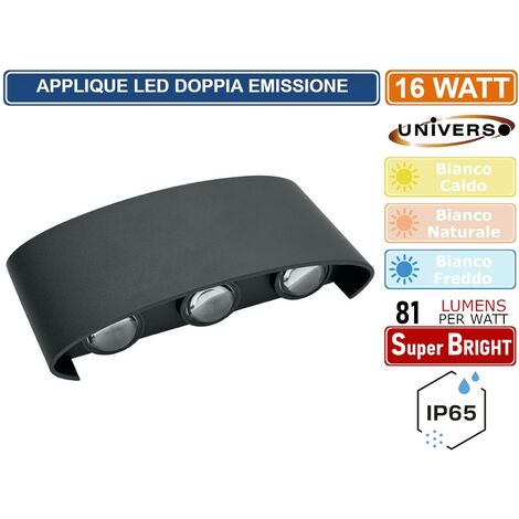 APPLIQUE LAMPADA LED DA MURO DOPPIA EMISSIONE LUMINOSA 10W WALL LIGHT NERA CON 6 LED SMD IP65 - Colore Luce: Bianco Naturale