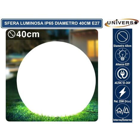 LAMPADA A SFERA BIANCA DA GIARDINO 40CM CON ATTACCO E27 MAX 25W DA INTERNO ED ESTERNO IP65