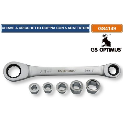 GS OPTIMUS GS4149 CHIAVE A CRICCHETTO DOPPIO ACCIAIO AL CROMO VANADIO CON 5 ADATTATORI DA 8 A 19 MM