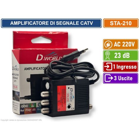 AMPLIFICATORE DI SEGNALE TV GUADAGNO 20dB 1 INGRESSO 3 USCITE BANDA DA 47 A 862 MHZ