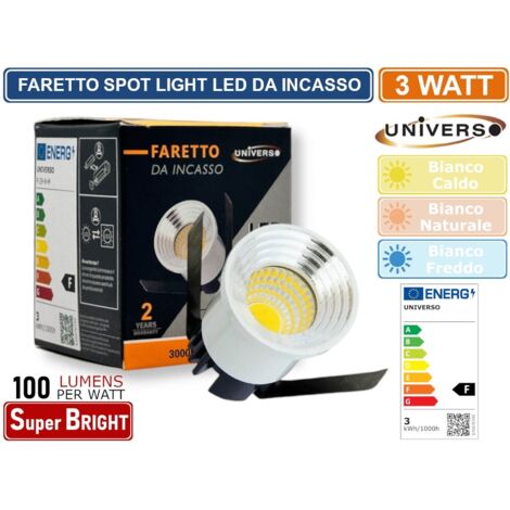 FARO FARETTO LED PUNTO LUCE SPOT LIGHT ROTONDO COLORE BIANCO ARGENTO DA INCASSO 3W 3000K 4000K 6500K IP20 - Colore Luce:Bianco Caldo