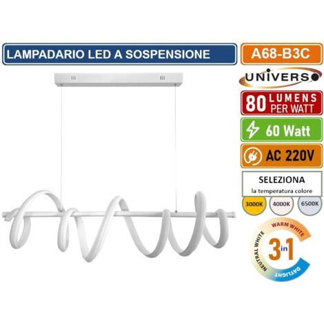 UNIVERSO A68-B3C LAMPADARIO LED A SOSPENSIONE INTRECCIATO A SPIRALE 60W SMD COLORE BIANCO CCT COLORE LUCE SELEZIONABILE 3000K 4000K 6500K (1/5)
