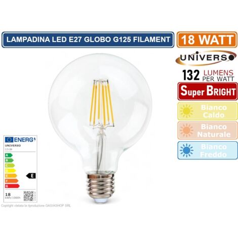 UNIVERSO G125-18W LAMPADINA LED ATTACCO E27 18W GLOBO G125 A FILAMENTO VETRO TRASPARENTE 2380 LUMEN 2700K - 4000K - 6500K - Colore Luce:Bianco Naturale (1/2)