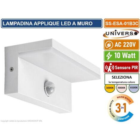APPLIQUE LAMPADA LED DA MURO BIANCA 10W SMD SENSORE PIR DI MOVIMENTO CCT 3IN1 CAMBIA COLORE DA ESTERNO IP54