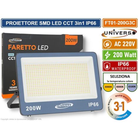 UNIVERSO FT01-200G3C FARO PROIETTORE SMD LED ULTRA SLIM 200W CCT SWITCH TEMPERATURA COLORE SELEZIONABILE IP66