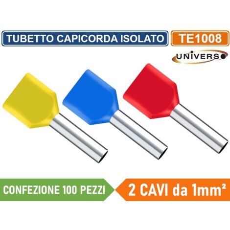 CONFEZIONE 100 PEZZI TUBETTO TERMINALE CAPICORDA ISOLATO PER 2 CAVI DA 1.00mm² TERMINALE DA 8mm - GIALLO ROSSO BLU - Colore Struttura:Rosso