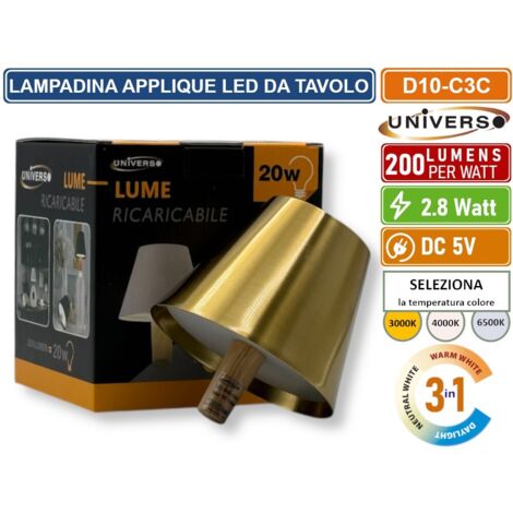 UNIVERSO D10-C3C LAMPADA LED RICARICABILE DA TAVOLO PER BOTTIGLIE COLORE LUCE SELEZIONABILE CCT 3in1