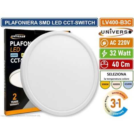 UNIVERSO LV-400-B3C PLAFONIERA ULTRA SLIM ROTONDA BIANCA SMD LED 32W Ø40CM IP40 CCT 3 IN 1 CAMBIA COLORE LUCE