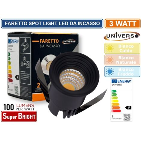 FARO FARETTO LED PUNTO LUCE SPOT LIGHT ROTONDO COLORE NERO DA INCASSO 3W 3000K 4000K 6500K IP20 - Colore Luce:Bianco Naturale (1/3)