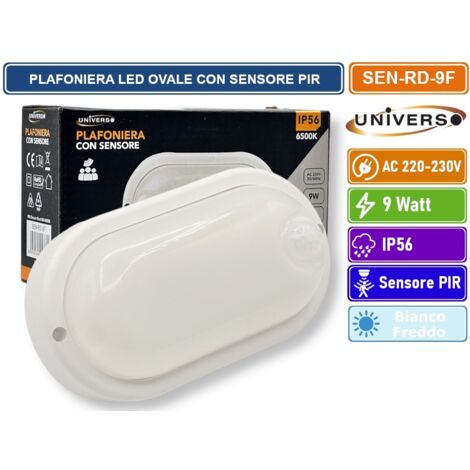 UNIVERSO SEN-RD-9F PLAFONIERA LED 9 WATT DOME LIGHT OVALE CON SENSORE DI MOVIMENTO DA ESTERNO IP56
