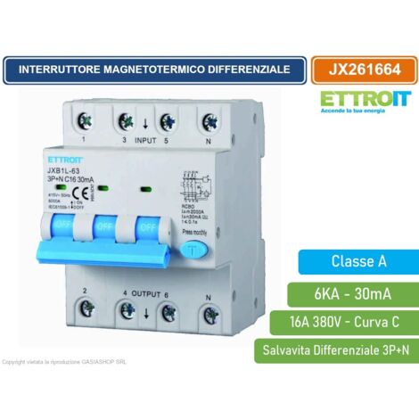 ETTROIT INTERRUTTORE MAGNETOTERMICO DIFFERENZIALE SALVAVITA CLASSE A PER BARRA DIN 4 MODULI 3P+N 16A 30mA 380V-6KA