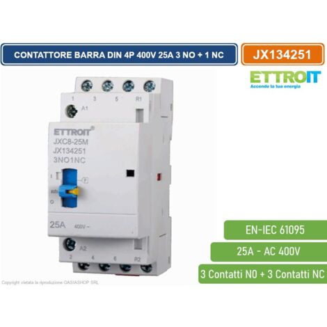 ETTROIT JX134251 CONTATTORE DOMESTICO DIN AC 220V 4P 25A 50HZ CON INTERRUTTORE DI CONTROLLO MANUALE 3 CONTATTI APERTI NO + 1 CONTATTO CHIUSO NC