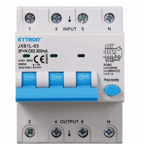 Interruttore magnetotermico differenziale 3P+N 63A 6kA 300mA 380V occupa 4 Moduli DIN Ettroit JX266363
