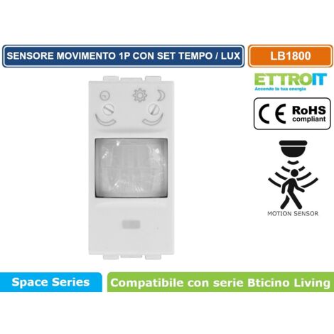 ETTROIT SENSORE DI MOVIMENTO 1 MODULO BIANCO CON REGOLAZIONE TEMPO/LUX COMPATIBILE CON SERIE BTICINO LIVING – SKU LB1800
