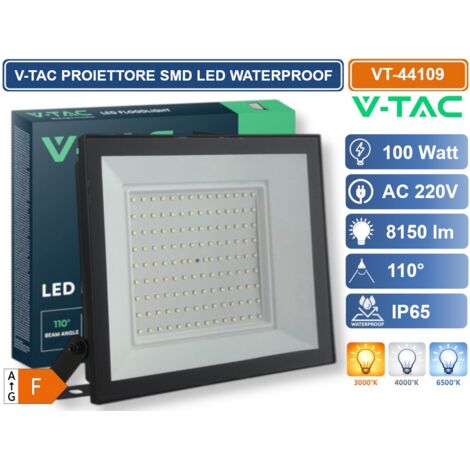 V-TAC VT-44109-B PROIETTORE FARO SMD LED ULTRASLIM 100W COLORE NERO DA ESTERNO IP65 - COLORE LUCE:BIANCO CALDO
