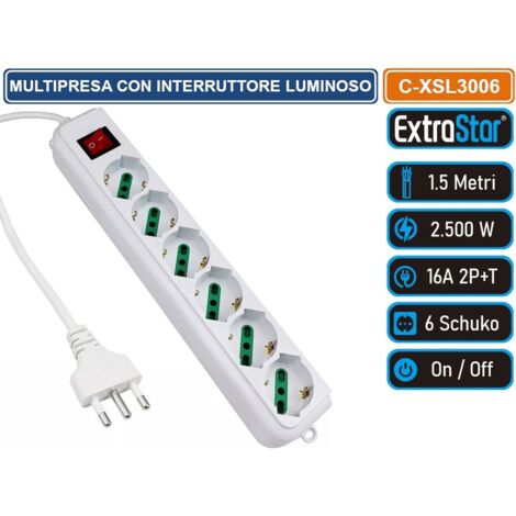 EXTRASTAR MULTIPRESA 6 POSTI BIPASSO SCHUKO 250V COLORE BIANCO CON INTERRUTTORE LUMINOSO 3500W 10/16A