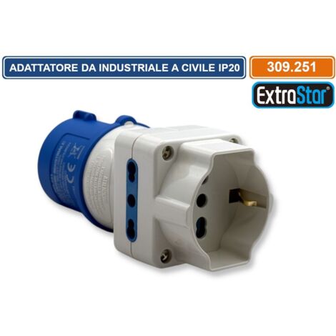 ADATTATORE INDUSTRIALE MONOFASE MULTIPRESA SPINA CEE INDUSTRIALE 16A 2P+T PRESA CENTRALE SCHUKO+10/16A 2P+T E 2 PRESE LATERALI 10/16A 2P+T IP20