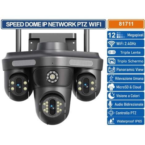 TELECAMERA SPEED DOME PTZ IP NETWORK 12MP CON TRE LENTI TRE SCHERMI ANALISI INTELLIGENTE AUDIO BIDIREZIONALEIP65