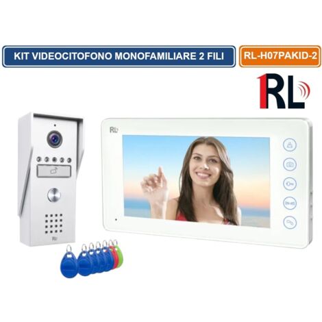 KIT VIDEOCITOFONO MONOFAMILIARE A 2 FILI MONITOR A COLORI 7" APERTURA ELETTROSERRATURA E CANCELLO CON RFID