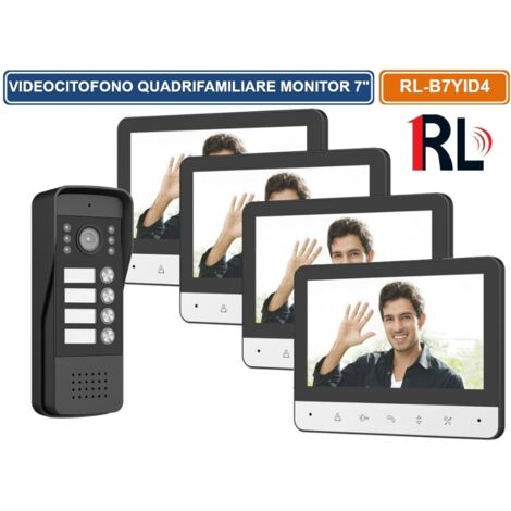KIT VIDEOCITOFONO QUADRIFAMILIARE QUATTRO PULSANTI QUATTRO MONITOR A COLORI 7" APERTURA ELETTROSERRATURA