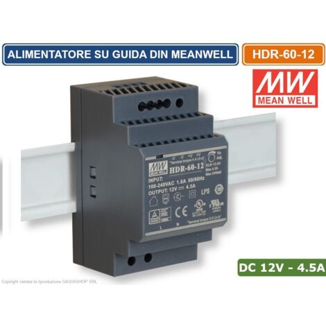 MEANWELL HDR-60-12 ALIMENTATORE ULTRA SOTTILE MONTAGGIO SU GUIDA DIN RAIL USCITA SINGOLA 54W DC12V 4.5A (1/3)