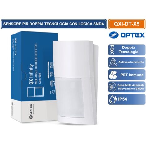 OPTEX QXI-DT-X5 SENSORE RILEVATORE CABLATO DA ESTERNO IP54 DOPPIA TECNOLOGIA 12M 120° ANTIBLOCCAGGIO