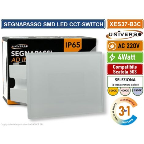 UNIVERSO ES37-B3C SEGNAPASSO SMD LED RETTANGOLARE IN VETRO MONTAGGIO A INCASSO 503E 4W CCT SWITCH CAMBIA COLORE LUCE IP65