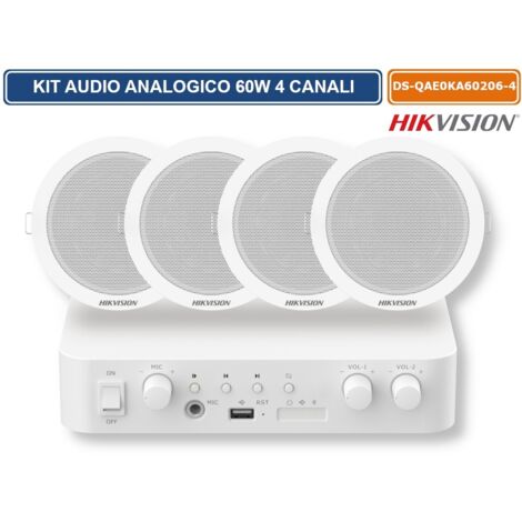HIKVISION DS-QAE0KA60206-4 KIT AUDIO ANALOGICO PROFESSIONALE 60W 2 ZONE CON 4 DIFFUSORI DA SOFFITTO 6W – SISTEMA AUDIO 100V CON BLUETOOTH, USB E RCA