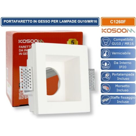 KOSOOM C1260F PORTAFARETTO QUADRATO DA INCASSO IN GESSO VERNICIABILE PER LAMPADINE GU10 MR16